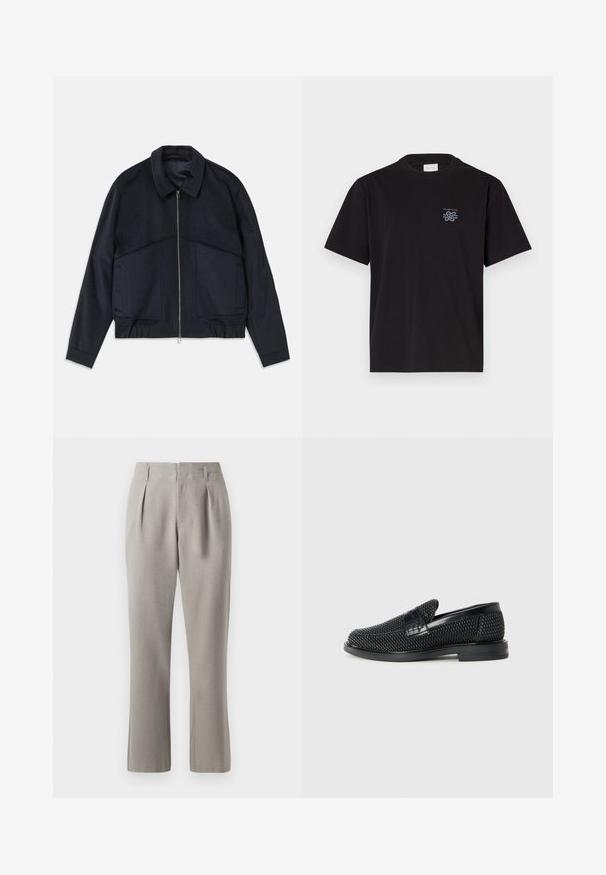 Donkerblauwe jas met een kraag, een ritssluiting aan de voorkant en elastische manchetten. Bevat twee zijzakken en heeft een gladde, gestructureerde uitstraling.; Zwarte katoenen T-shirt met een ronde hals en korte mouwen. Heeft een klein blauw logo op de linkerkant van de borst. Eenvoudig, recht gesneden ontwerp.; Grijze op maat gemaakte broeken met een gladde textuur, voorzien van voorplooien, riemlussen en rechte pijpen. Het materiaal lijkt gestructureerd en lichtgewicht.; Zwartegeweven instap schoenen met een glad leren accent aan de bovenkant, een ronde neusontwerp en een laag profiel rubberen zool.