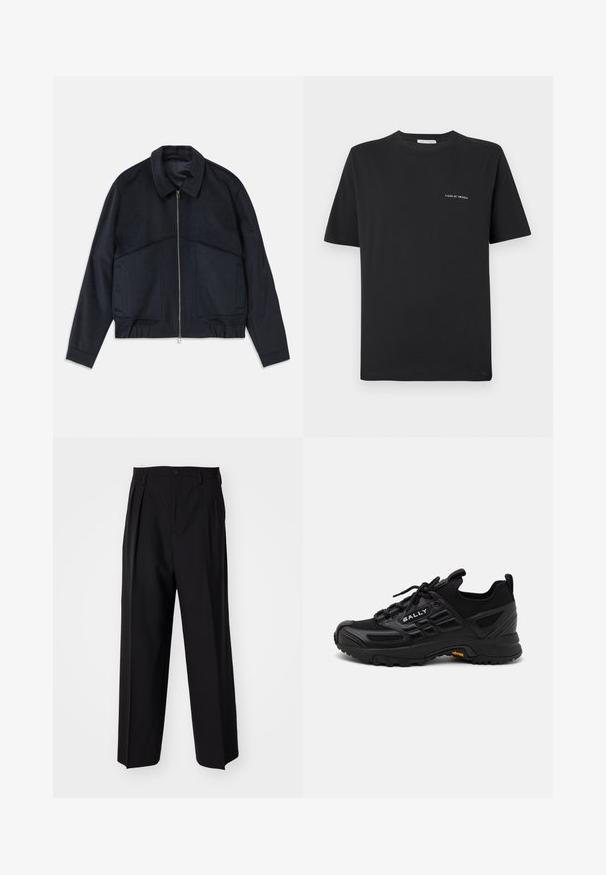 Temno modra jakna s ovratnikom, sprednjim zadrgo in elastičnimi manšetami. Ima dve stranski žep in gladko, teksturirano zasnovo.; Črna bombažna majica s krojnim izrezom, kratkimi rokavi in majhnim belim logotipom "TIGER OF SWEDEN" na prsih. Klasičen kroj.; Črne nabirane hlače s ravnim, širokim krojem. Narejene so iz gladkega materiala in imajo zadrgo ter pasne zanke.; Črne športne čevlje iz mešanice teksturiranih sintetičnih materialov in mrežaste tkanine. Imajo trdno podplat, sistem vezalk in opazno oznako.