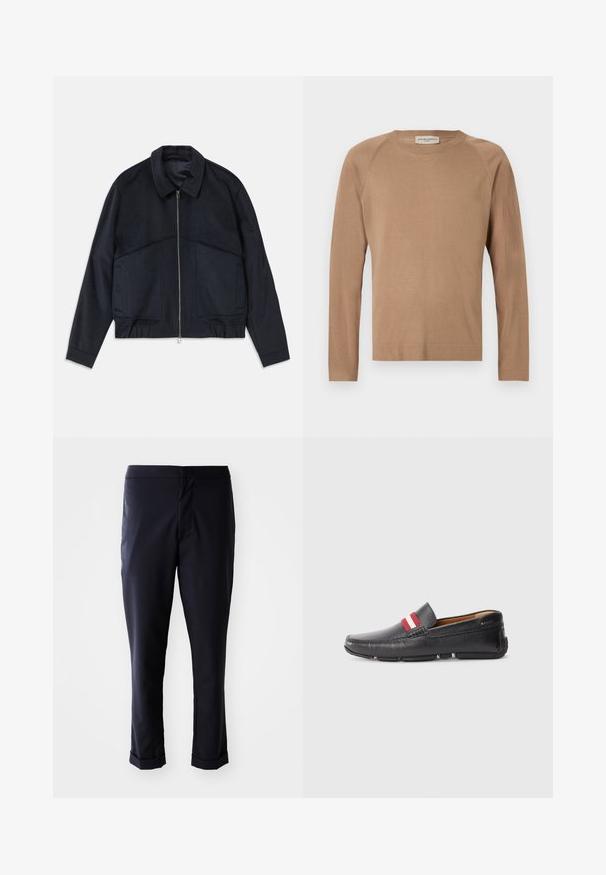 Chaqueta de un oscuro color azul marino con cuello tipo solapa, cremallera frontal y puños elásticos. Cuenta con dos bolsillos laterales y un diseño suave y texturizado.; Suéter de punto marrón claro con mangas largas, cuello redondo y costuras raglán. Textura suave y diseño sencillo. Sin adornos y versátil.; Pantalones azul marino con una tela suave, corte recto, cintura media y puños enrollados. Sin bolsillos visibles ni detalles de metal.; Zapato negro de cuero sin cordones con superficie texturizada, con una franja roja y blanca en la parte superior, punta redonda y suela de goma.