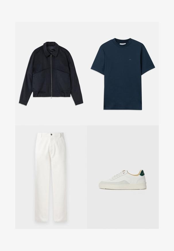 Temno modra jakna s ovratnikom, sprednjim zadrgo in elastičnimi manšetami. Ima dve stranski žep in gladko, teksturirano zasnovo.; Morsko modra bombažna majica s krožnim izrezom, kratkimi rokavi in subtilnim logotipom natisnjenim na prsih. Gladka tekstura in klasičen kroj.; Beli bombažne hlače s ravnim krojem, sprednjimi žepi, kovinskim gumbom za zapiranje in diskretnimi šivi ob šivih.; Bela trenerka z zaključki iz semiša, okroglo konico, ravne vezalke in kremna gumijasta podplata. Ima zeleno blagovno znamko na peti.