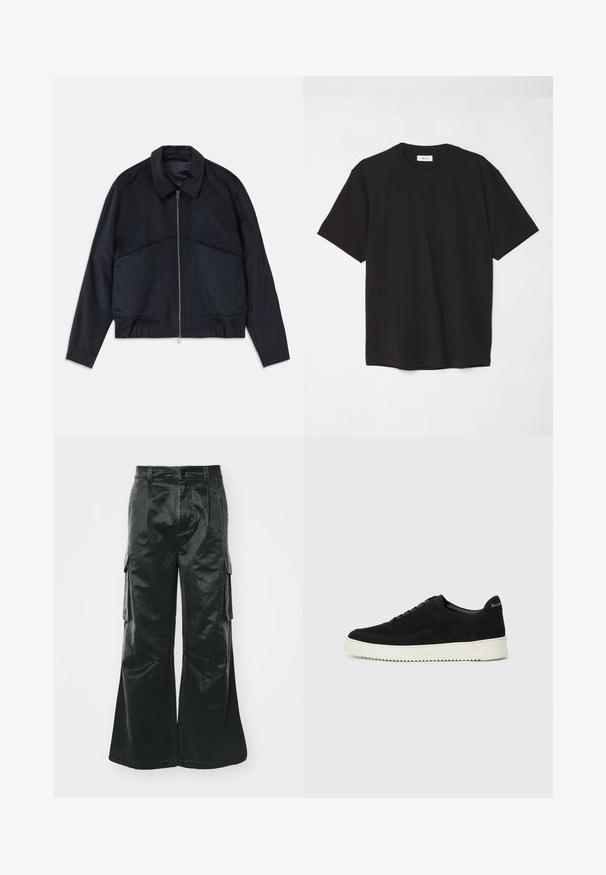Dunkelmarineblauer Jacke mit Kragen, Frontreißverschluss und elastischen Bündchen. Verfügt über zwei Seitentaschen und ein glattes, strukturiertes Design.; Schwarzes Baumwoll-T-Shirt mit Rundhalsausschnitt, kurzen Ärmeln und lockerer Passform. Einfaches Design, glatte Textur und keine sichtbaren Muster oder Logos.; Schwarze weite Cargo-Hosen mit glänzender Textur. Verfügt über seitliche Taschen, einen Knopfverschluss und gesteppte Details entlang der Nähte.; Schwarze Wildleder-Sneaker mit Schnürdesign und kontrastierender weißer Gummisohle. Verfügt über strukturierte Seitenpaneele und dezentes Branding an der Ferse.