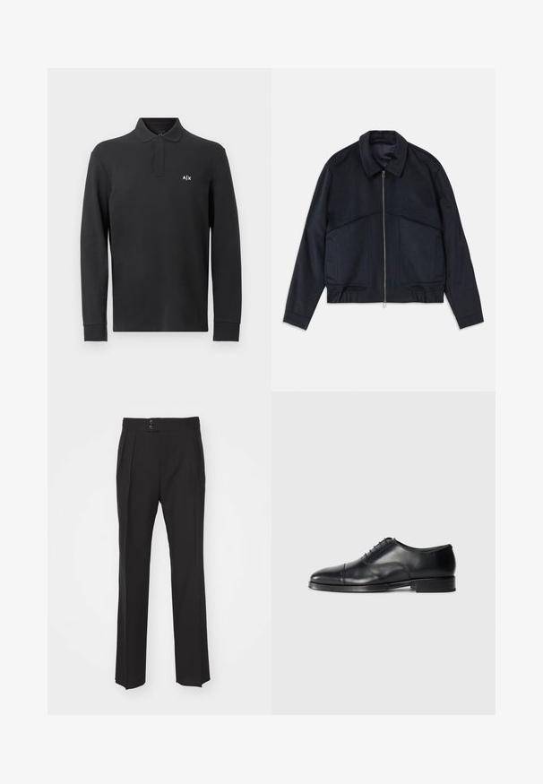 Donkerblauwe jas met een kraag, een ritssluiting aan de voorkant en elastische manchetten. Bevat twee zijzakken en heeft een gladde, gestructureerde uitstraling.; Zwarte languit polo shirt van katoen, met een kraag en een klein wit logo op de linker borst. Gladde textuur.; Zwarte op maat gemaakte broek met een recht model, twee voorzakken en een dubbele knoopsluiting bij de taille. Glad textuur van de stof.; Zwarte leren dresschoenen met een ronde neus, een gladde textuur, vetersluiting en een subtiele naaddetail, met een lage, platte hak.