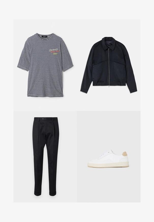 Temno modra jakna s ovratnikom, sprednjim zadrgo in elastičnimi manšetami. Ima dve stranski žep in gladko, teksturirano zasnovo.; Pasi t-maħżen b'istrixxi orizzontali ta' blu marina u abjad, bi ħawwad qosra, neckline crew, u test multikolori ħadid fuq il-qalb.; Črne hlače iz gladkega materiala, z zavihkom spredaj, gumbom za zapiranje in zvitim robom ob gležnjih.; Bele nizke superge z zgornjim delom iz teksturirane usnjene površine, smetano obrobljenim podplatom in svetlo rjavo akcentom na peti. Imajo bele vezalke in podrobnost z logotipom na peti.