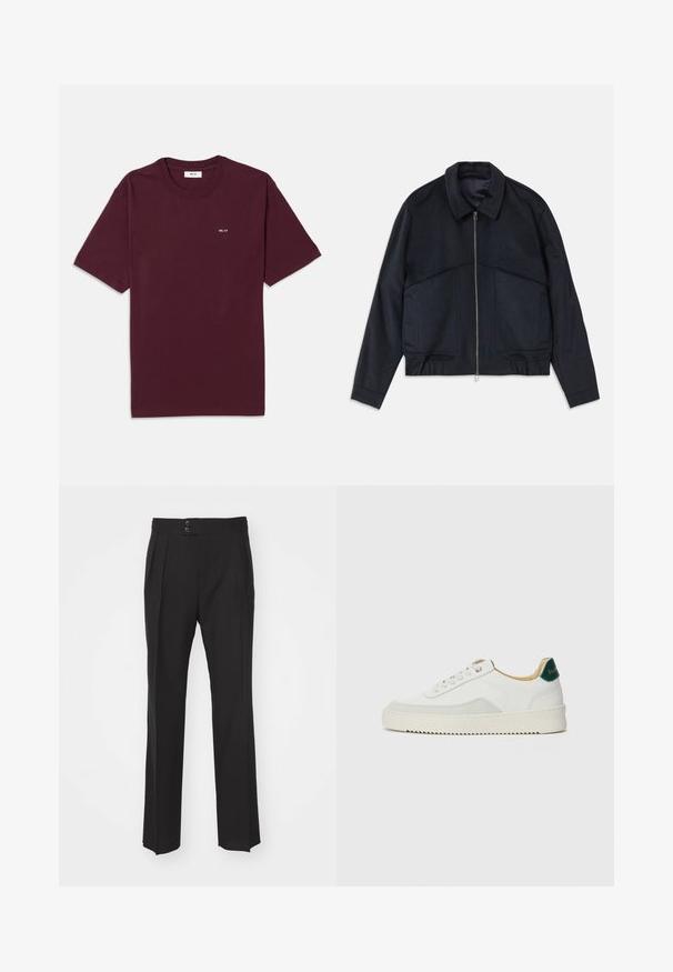 Dark navy jacket with a collared neck, front zipper, and elastic cuffs. Features two side pockets and a smooth, textured design.; Burgundy cotton t-shirt with a crew neck, short sleeves, and a small white "NN. 07" logo on the chest. Smooth texture, standard fit.; Black tailored trousers featuring a straight leg design, two front pockets, and a double-button closure at the waistband. Smooth fabric texture.; White sneaker with suede accents, rounded toe, flat laces, and a cream rubber sole. Features green branding on the heel.