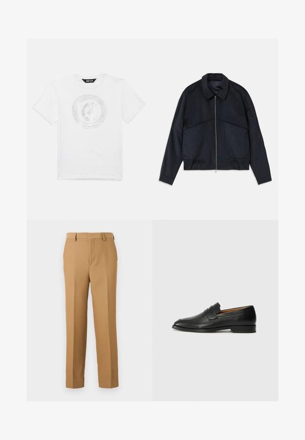 Temno modra jakna s ovratnikom, sprednjim zadrgo in elastičnimi manšetami. Ima dve stranski žep in gladko, teksturirano zasnovo.; Bela kratka majica s kratkimi rokavi in okroglo ovratnikom, ki ima na sprednji strani srebrn krogasti logotip kače in črko "J" z besedilom "Just Cavalli".; Bež hlače iz tkanine, s ravnim krojem, ravnim sprednjim delom in pasom za pas. Gladka tekstura brez vidnih vzorcev.; Črne usnjene loferice z zaobljenim prstom, subtilnim šivanjem in nizkim petam, ki se odlikujejo po gladki teksturi in minimalističnem oblikovanju.