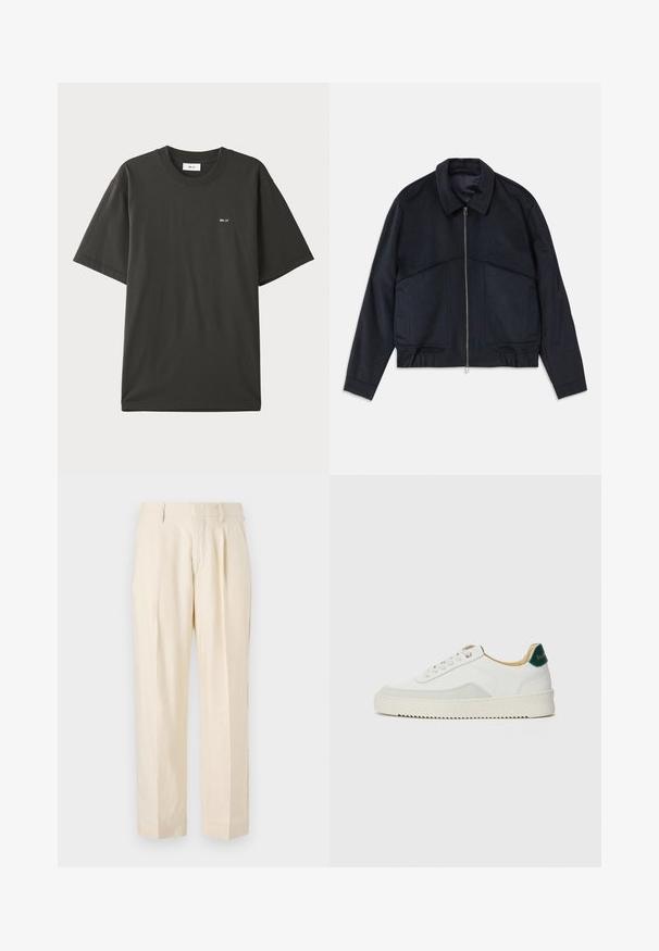 Casaco azul escuro com gola, fecho frontal e punhos elásticos. Apresenta dois bolsos laterais e um design suave e texturizado.; NN.07 ADAM EMB - T-shirt básica - khaki; NN.07 KAY - Calças - off white; Tênis brancos com detalhes em camurça, bico arredondado, atacadores planos e sola de borracha creme. Apresenta uma marcação verde no calcanhar.