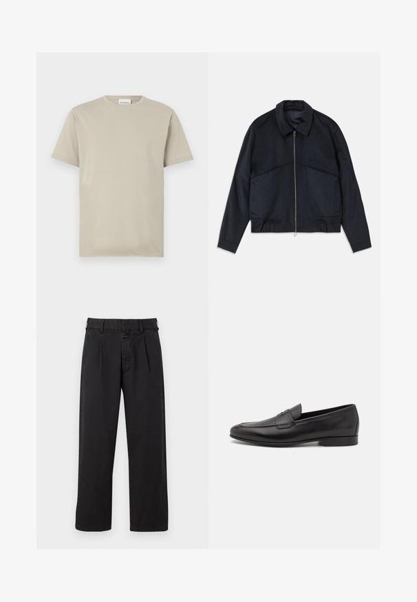 Dark navy jacket with a collared neck, front zipper, and elastic cuffs. Features two side pockets and a smooth, textured design.; Beige cotton t-shirt, short sleeves, crew neck, solid color without patterns, relaxed fit, with a label reading "CLOSED" at the neckline.; Black cotton trousers with a straight cut, featuring a pleated front, belt loops, and a button closure. Smooth texture without patterns.; Black leather men's loafer with a low heel and a classic penny strap design, shown in side profile on a white background.