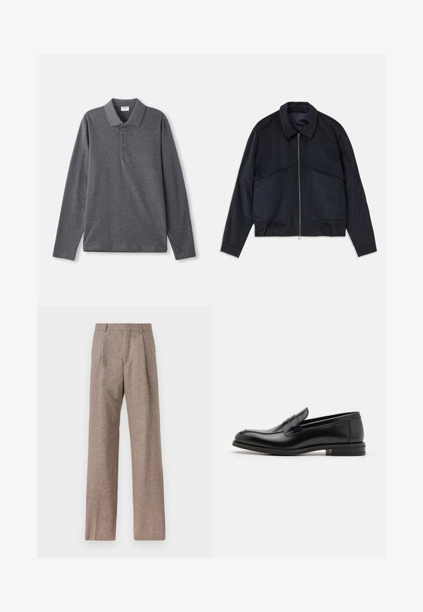 Chaqueta de un oscuro color azul marino con cuello tipo solapa, cremallera frontal y puños elásticos. Cuenta con dos bolsillos laterales y un diseño suave y texturizado.; Polo de manga larga en algodón gris oscuro, con un cuello clásico, tapeta de tres botones y un corte relajado. Textura suave.; Pantalones marrones de cintura alta hechos de una tela texturizada. Presentan piernas anchas y dos pliegues frontales para dar estructura. Acabado limpio sin hardware visible.; Mocasines de cuero negro con una textura suave, puntera redondeada y una tira decorativa en el empeine. Tacón bajo apilado, diseño minimalista.