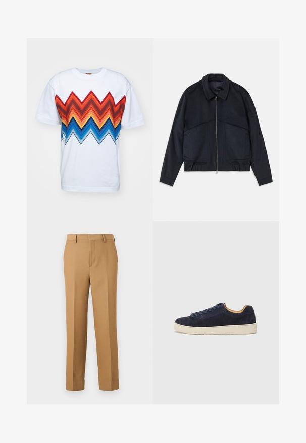 Tamsiai mėlynas švarkas su apykakle, priekinė užtrauktuko uždarymo ir elastiniais rankogaliais. Turi dvi šonines kišenes ir lygią, tekstūruotą dizainą.; Balta medvilnės marškinėliai su daugiakrtiniu zigzagų raštu raudonos, oranžinės, mėlynos ir juodos spalvų ant priekinės dalies. Trumpomis rankovėmis ir apykakle.; Kreminės spalvos kelnės, pagamintos iš audinio, turinčios tiesų kirpimą, lygią priekį ir diržo kilpos. Sklandus paviršius be matomų raštų.; Jūros laivyno zomšiniai žemakulniai sportbačiai su apvaliu nosiu, šviesiai balta guma sole ir atitinkančiomis raištelėmis; turi kontrastingą tan spalvos vidinę pamušalą.