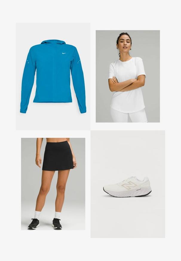 Sininen kevyt takki hupulla, slim fit -muotoilu, pitkät hihat ja heijastavat yksityiskohdat. Omistaa edessä vetoketjukiinnityksen ja hengittävän materiaalin.; Valkoinen lyhythihainen t-paita, joka on valmistettu sileästä kankaasta ja jossa on pyöreä pääntie ja kaareva helma. Yhdistetty valkoisiin alaosiin.; Musta urheiluhame, jossa on korkea vyötärö, valmistettu joustavasta materiaalista. Hameessa on sileä pinta ja levenevä helma. Yhdistetty mustiin tennareihin.; Valkoinen urheilukenkä, jossa on verkkomateriaali yläosa, pehmustettu kaulus ja paksu, teksturoitu pohja. Sisältää vaaleanharmaan yksityiskohdan ja "New Balance" -logon sivussa.