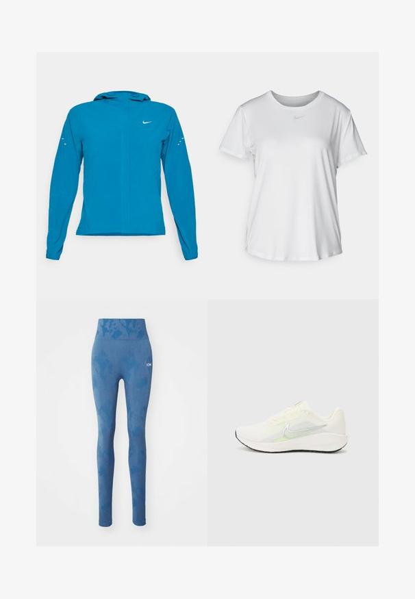 Blaues, leichtes Jacke mit Kapuze, schlanker Schnitt, langen Ärmeln und reflektierenden Akzenten. Verfügt über einen frontalen Reißverschluss und atmungsaktives Material.; Weißes T-Shirt mit kurzen Ärmeln aus glattem Stoff, Rundhalsausschnitt und einem kleinen grauen Nike-Logo auf der Brust.; Blaue Leggings mit einem strukturierten Muster, hoher Taille und dezentem Logo an der Seite. Hergestellt aus dehnbarem Stoff für optimalen Komfort.; Nike Performance DOWNSHIFTER 13 - Laufschuh Straße - sail/silver-coloured photon dust/summit white/barely volt/black