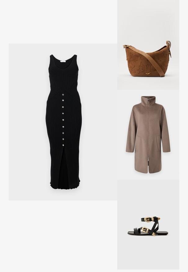 Brun fleecejacka med hög krage, framsydd dragkedja och två sidfickor. Har en avslappnad passform och är midilång.; Rabanne Stickad klänning - black; Svarta lädersandaler med guldspännen, med flera remmar och platt såldesign för öppna tår.; Brun mocka axelväska med präglande blommönster, kompletterad med ett slätt brunt läderhandtag och akcenter i guldton.