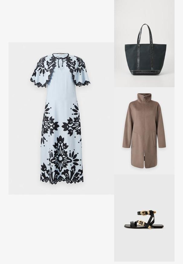 Casaco de lã castanho com colarinho alto, fecho éclair na frente e dois bolsos laterais. Apresenta um corte descontraído e design de comprimento médio.; Vestido azul claro com padrões florais pretos, mangas curtas tipo cap sleeve, decote redondo e bainha ondulada. Fecha com laço no pescoço.; Sandálias de couro pretas com detalhes em fivela dourada, apresentando várias tiras e um design de sola plana para uso à vista.; Saco tote preto feito de tecido resistente, com alças de lantejoulas brilhantes e um design simples e sem adornos. Com abertura no topo e interior espaçoso.