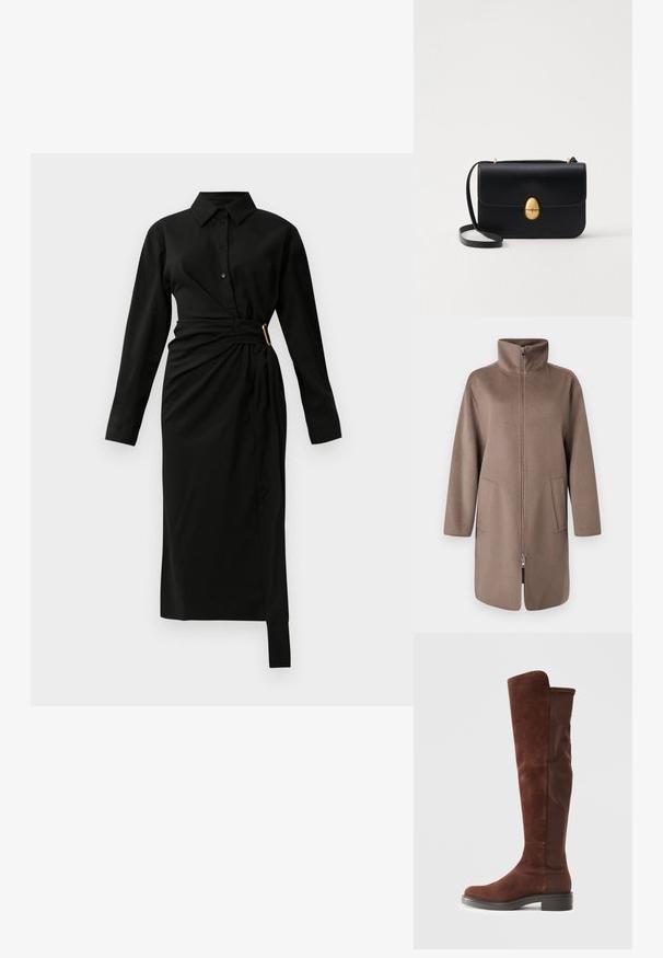 Hnedý fleecový kabát s vysokým golierom, predným zipsom a dvoma bočnými vreckami. Má uvoľnený strih a strednú dĺžku.; Čierna midi košeľová šaty s dlhým rukávom, s golierom, predným zapínaním na gombíky a asymetrickým viazaním v páse zabezpečeným zlatou sponou na pravej strane.; Vysoká hnedá semišová a textilná topánka s nízkym čiernym podpätkom a zaoblenou špičkou, zobrazená z boku na jednobednom bielom pozadí.; Čierna kožená kabelka so štruktúrovaným obdĺžnikovým tvarom. Obsahuje zlaté oválne zapínanie a tenký ramenný popruh. Hladká textura.