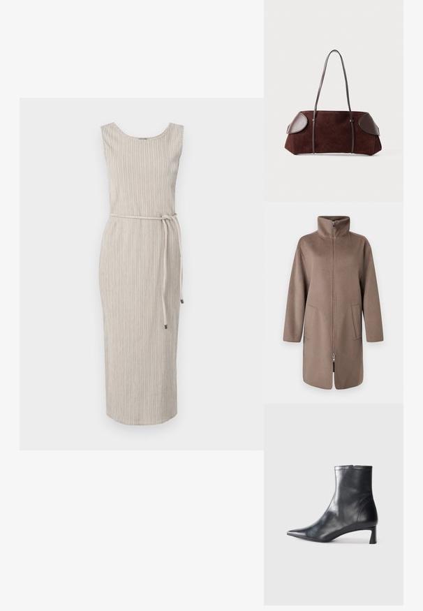 Hnědý fleecový kabát s vysokým límcem, předním zipem a dvěma bočními kapsami. Má uvolněný střih a střední délku.; Béžové, bezrukávové šaty s kulatým výstřihem, textura s vertikálními pruhy a odpovídající vázání v pase. Délka ke středu lýtek.; Černé kožené kotníkové boty s špičatou špičkou a elegantním designem. Mají nízký podpatek a zipové zapínání na zadní straně. Hladká textura.; Hnědá semišová taška s koženými detaily, strukturovaného tvaru, s dvojitými ramenními popruhy a zaoblenými okraji, s hladkým povrchem a minimálním kovovým příslušenstvím.