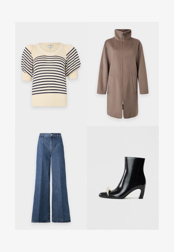 Rudas, pūkuotas paltas su aukštu apykakle, priekiniais užtrauktukais ir dviem šoniniais kišenėmis. Yra laisvas kirpimas ir vidutinio ilgio dizainas.; Kreminė megztinė su tamsiai mėlynomis horizontaliomis juostelėmis. Puošia trumpi pūsti rankovės ir apvalus rilinis iškirpimas. Minkšta megztinė medžiaga.; Plačiai kirptos mėlynos džinsinės kelnės su aukštu liemeniu, su klasikinėmis penkių kišenių detalėmis ir sagos užsegimu, pagamintos iš tekstūruotos medvilnės audinio.; Juodi aulinukai, pagaminti iš blizgios odos, su smailia nosimi ir dekoratyviu aukso bei sidabro akcentu priekyje. Bloko kulnas.