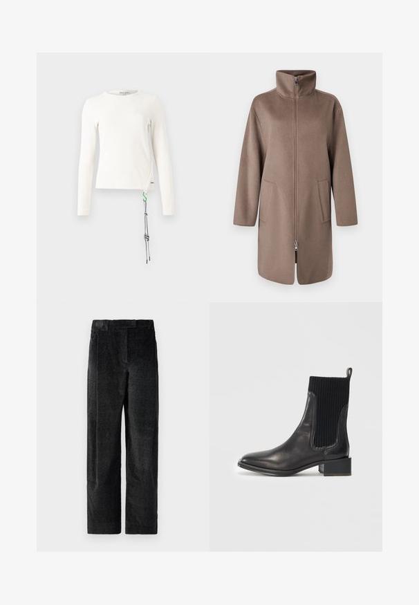 Palton din fâșă maro, cu guler înalt, fermoar frontal și două buzunare laterale. Prezintă o croială relaxată și un design de lungime medie.; Top alb cu mâneci lungi și cu un guler rotund, având un detaliu de cordon în nuanțe de verde și negru pe lateral pentru ajustare.; Pantaloni negri, texturați, cu picioare largi și un țesătură pronunțată, dotati cu pliuri frontale și un talie plată. Design clasic, pentru versatilitate.; Botine negre din piele cu panou elastic ribbitat negru, vârf pătrat și toc mic. Textură netedă cu detalii de cusătură minime.