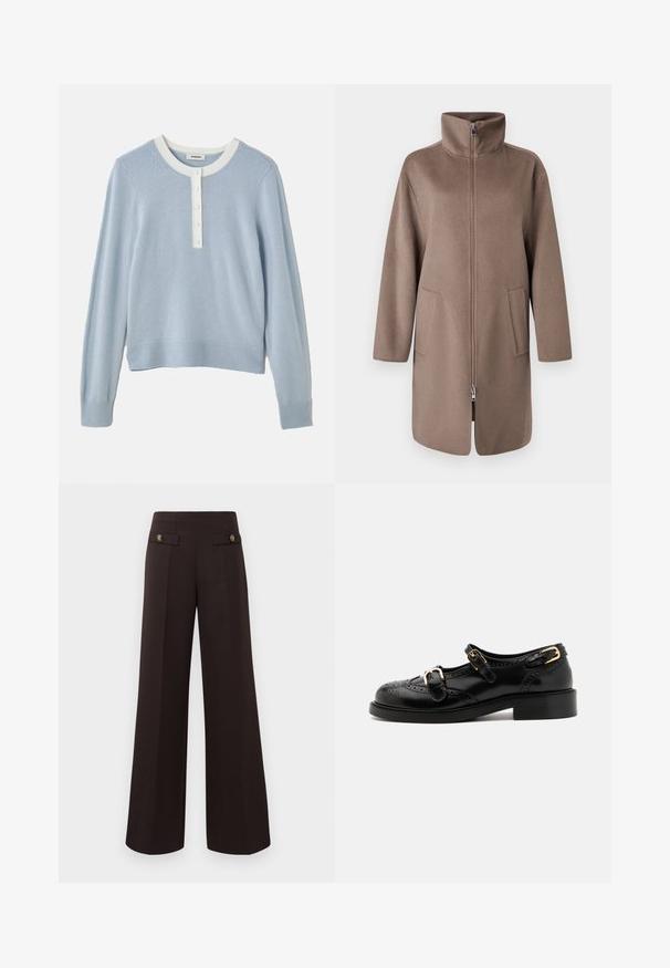 Brun fleecejacka med hög krage, framsydd dragkedja och två sidfickor. Har en avslappnad passform och är midilång.; Ljusblå stickad tröja med en rund, vit rundhalsade krage, knappslå och ribbade mudd och nederkant. Mjuk textur, avslappnad passform.; Mörkbruna högmidjade vida byxor med framveck och dekorativa knäppta ficklock nära midjan.; Svarta läderskor med broguedetaljer, utrustade med två spännen, rund tå och låg klack. Slät textur med glänsande finish.
