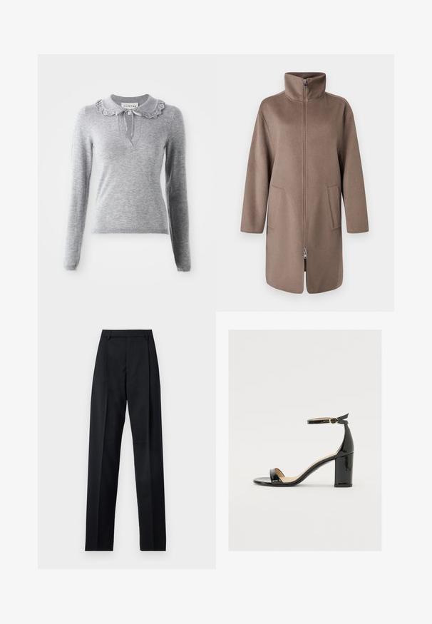 Brauner Fleece-Mantel mit hohem Kragen, Frontreißverschluss und zwei Seitentaschen. Verfügt über eine lockere Passform und ein mittellanges Design.; Grauer Strickpullover mit Rüschensaumkragen, langen Ärmeln und V-Ausschnitt. Verfügt über eine Kordelzugdetails am Kragen.; Schwarze Hosen aus glattem Stoff mit hoher Taille, weitem Bein, vorderen Falten und klassischen Gürtelschlaufen. Keine sichtbaren Seitentaschen.; Schwarze Lackleder-Sandalette mit weitem Absatz, offener Zehenpartie und Knöchelriemen mit goldener Schnalle. Glatte Textur und elegantes Design.