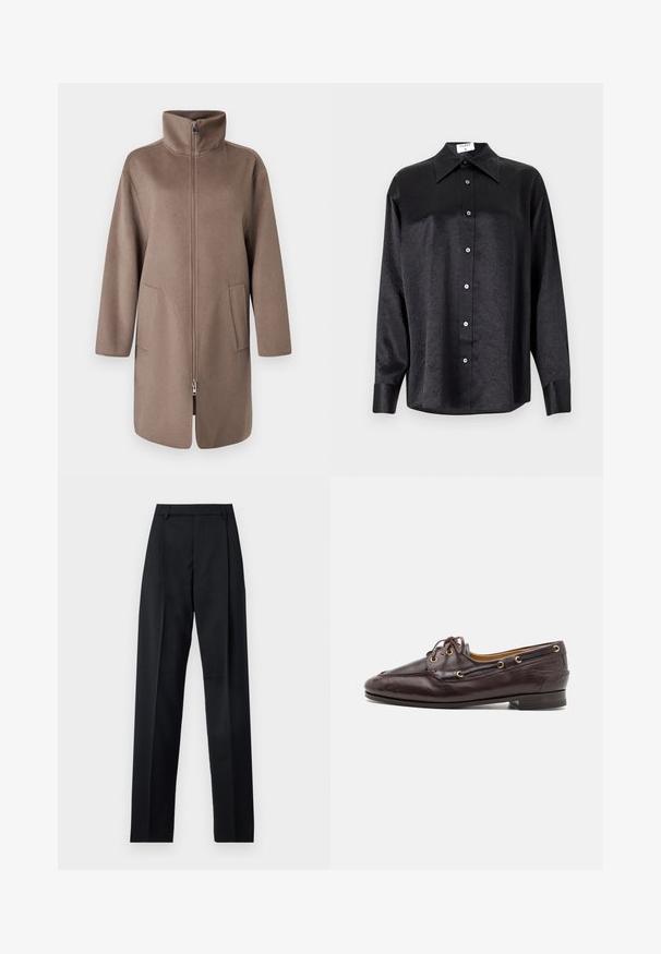 Brown, fleece coat with a high collar, front zipper, and two side pockets. Features a relaxed fit and mid-length design.; Black long-sleeve shirt with a collared neckline, featuring a crinkled texture, full button front, and cuffs. Made from a smooth fabric.; Black trousers made from smooth fabric featuring a high waist, wide legs, front pleats, and classic belt loops. No side pockets visible.; Brown leather loafers with a structured design, gold eyelets, and laces. Features a low heel and detailed stitching along the vamp.