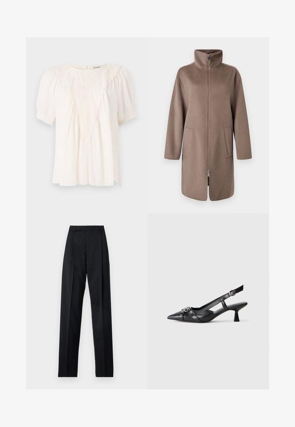 Brown, fleece coat with a high collar, front zipper, and two side pockets. Features a relaxed fit and mid-length design.; Light cream blouse made of textured fabric, featuring a V-shaped ruffle detail at the front, short puffed sleeves, and a loose fit.; Black trousers made from smooth fabric featuring a high waist, wide legs, front pleats, and classic belt loops. No side pockets visible.; Black leather slingback shoe with a pointed toe, decorative straps featuring metal eyelets, and a low block heel. Textured surface.