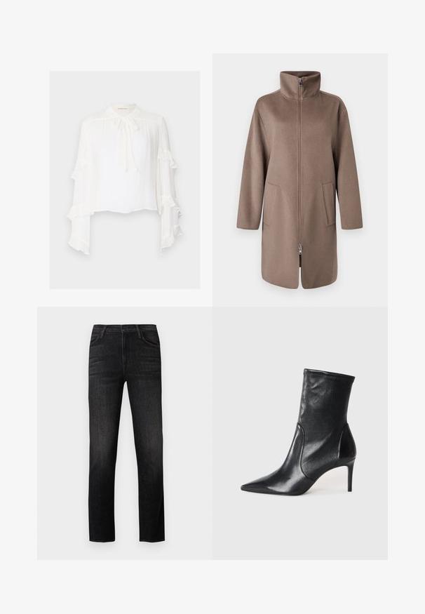 Manteau en polaire brun avec un col montant, fermeture éclair sur le devant et deux poches latérales. Présente une coupe décontractée et un design mi-long.; Blouse blanche à manches longues évasées avec des bords ondulés. Col montant avec un détail à nouer et tissu léger et texturé.; Jean en denim noir avec une coupe droite, comprenant cinq poches, une braguette à boutons et un effet légèrement froissé au niveau des cuisses. Texture de tissu durable.; Bottes noires à la cheville en cuir lisse, dotées d'un bout pointu, d'un tige ajustée et d'un talon haut fin. Design minimaliste sans quincaillerie visible.