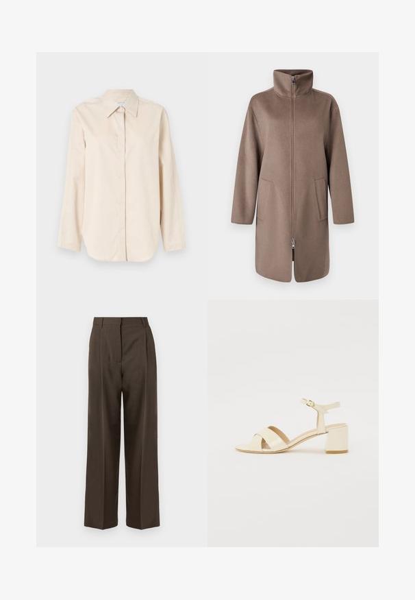 Rjav flis plašč z visokim ovratnikom, sprednjim zadrgo in dvema stranskima žepek. Ima sproščen kroj in srednje dolžino.; Svetlo bež srajca z dolgimi rokavi, izdelana iz gladkega bombaža, z običajnim ovratnikom, polno gumbno zaponko in sproščenim krojem. Brez vzorcev ali dodatkov.; Rjave široke hlače z gladko teksturo, ki imajo visok pas, sprednje gube in kroj po meri. Brez vidnih žepov ali okrasnih elementov.; Bež lakirane usnjene sandale s peto z zasnovo čez trak, odprtim prstom, nastavljivim gležnjenjem in blok peto. Gladka tekstura.