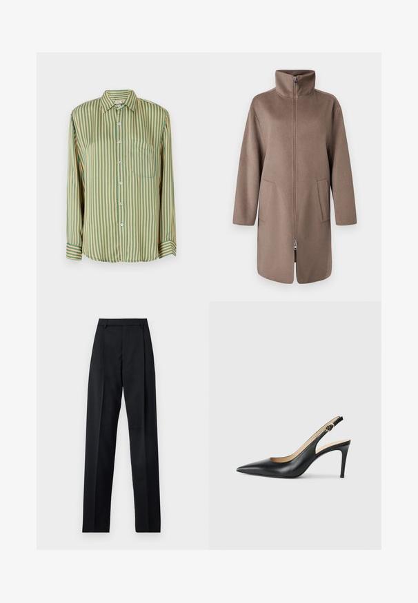 Rudas, pūkuotas paltas su aukštu apykakle, priekiniais užtrauktukais ir dviem šoniniais kišenėmis. Yra laisvas kirpimas ir vidutinio ilgio dizainas.; Ilga rankovėmygtukinė marškiniai su žaliais ir geltonais vertikaliais dryželiais, turintys krūtinės kišenę ir mėlynus mygtukus. Pagaminta iš lygaus audinio.; Juodos kelnės iš lygaus audinio, pasižyminčios aukštu liemeniu, plačiomis kojomis, priekinėmis klostėmis ir klasikiais diržo kilpomis. Šoninių kišenių nematyti.; Juodos odinės slingback aukštakulnės bateliai su smailiu nosiu, reguliuojama juosta ir elegantišku stiletto kulnu, pasižymintys lygia apdaila.