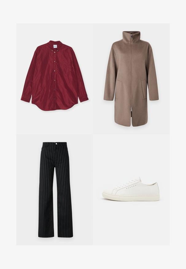 Brauner Fleece-Mantel mit hohem Kragen, Frontreißverschluss und zwei Seitentaschen. Verfügt über eine lockere Passform und ein mittellanges Design.; Burgunderfarbene, langärmelige Hemd aus glattem Stoff. Verfügt über einen Button-Down-Kragen, eine Brusttasche und einen subtilen Glanz. Die Knöpfe sind silberfarben.; Schwarze weit geschnittene Hose mit vertikalen blauen Streifen, die ein klassisches Fünf-Taschen-Design und einen Frontknopfverschluss aufweist.; Weiße Ledersneaker mit glatter Textur, runder Zehenpartie, minimalen Ösen und flacher Gummisohle. Einfaches Design ohne zusätzliche Akzente.