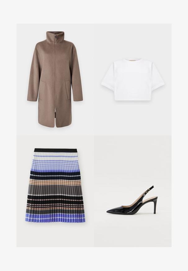 Abrigo de forro polar marrón con cuello alto, cremallera frontal y dos bolsillos laterales. Presenta un ajuste relajado y un diseño de longitud media.; Camiseta blanca corta hecha de una tela suave, con mangas cortas, escote redondo y detalles de ribete en el dobladillo. Diseño simple y sin adornos.; MUNTHE MARMING - Falda acampanada - multi-coloured; Zapatos de charol negro con tirante al tobillo, punta afilada, tacón delgado y un diseño de corte sutil. Presenta una hebilla dorada en la correa.