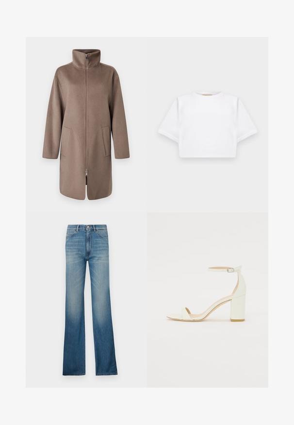 Casaco de lã castanho com colarinho alto, fecho éclair na frente e dois bolsos laterais. Apresenta um corte descontraído e design de comprimento médio.; T-shirt branca corta, feita de tecido macio, apresentando mangas curtas, um decote redondo e detalhes de bainha canelada. Design simples e despretensioso.; Jeans de ganga azuis com boca de sino e lavagem clara, apresentando um estilo tradicional de cinco bolsos e fecho de botão. Silhueta de perna reta.; Sandal de bloco em pele branca, apresentando uma correia no tornozelo com fivela e um design minimalista. Com biqueira aberta e texturas suaves ao longo de toda a peça.