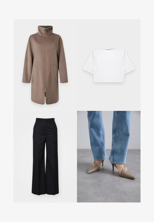 Pruun fliiskatte, millel on kõrge krae, eesne lukuga ja kaks küljetaskut. Omab mugavat lõiget ja keskmise pikkusega disaini.; Lühikeste varrukatega, pehmest kangast lõigatud valge T-särk, millel on ümar kaelus ja soonikuga ääred. Lihtne ja ilma kaunistusteta disain.; Tiger of Sweden IRIT - Püksid - black; Halllihalliga terava nina kinnastel, millel on V-kujuline lõikekujundus, mis sisaldab õhukest stilettokontsa. Kanda kergete siniste sirgete jalgade teksadega.