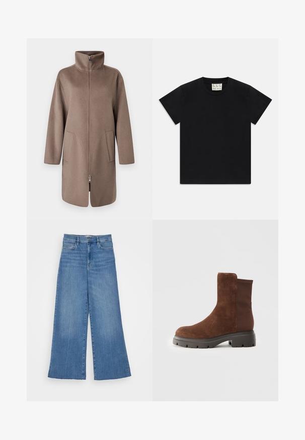 Brown, fleece coat with a high collar, front zipper, and two side pockets. Features a relaxed fit and mid-length design.; Black short-sleeve crew neck t-shirt with a white tag inside the collar labeled "D.R.C. EST. 2002" on a white background.; FRAME PALAZZO RAW FRAY - Wide Leg - clearwater; Brown suede ankle boot with elastic side panels, rounded toe, and a thick rubber sole featuring a textured tread pattern.