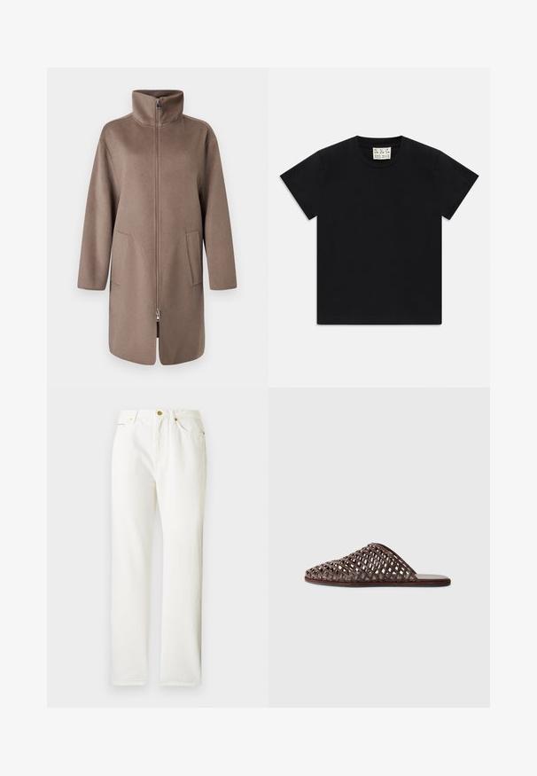 Palton din fâșă maro, cu guler înalt, fermoar frontal și două buzunare laterale. Prezintă o croială relaxată și un design de lungime medie.; Tricou negru cu mânecă scurtă și guler rotund, având un etichetă albă în interiorul gulerului, inscripționată cu "D.R.C. EST. 2002" pe un fundal alb.; Pantaloni din denim alb, cu un design drept, prezentând un închidere frontală cu buton și o textură subtilă. Include buzunare laterale și hardware minim.; Sandale tip slide împletite, de culoare maronie, cu vârf rotund, design deschis, talpă plată și suprafață texturată. Material ușor și siluetă minimalistă.