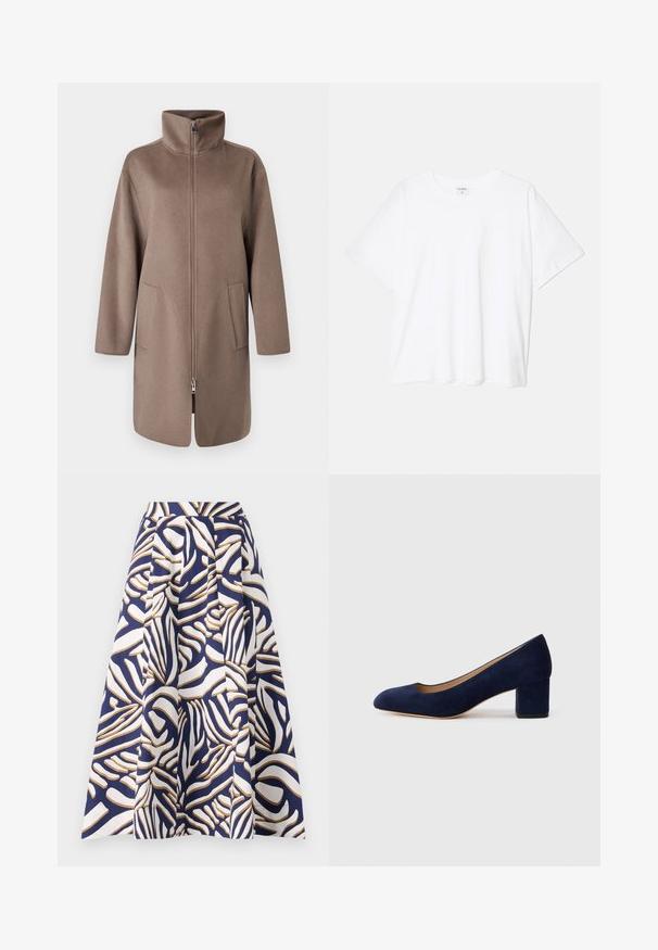 Rudas, pūkuotas paltas su aukštu apykakle, priekiniais užtrauktukais ir dviem šoniniais kišenėmis. Yra laisvas kirpimas ir vidutinio ilgio dizainas.; Balta medvilnės marškinėliai trumpomis rankovėmis, apvalia iškirpte, laisvo kirpimo ir su siūtu kraštu. Etiketė matoma vidinėje iškirptės pusėje.; Kelių ilgio medvilnės sijonas su tamsiai mėlynu fonu, puošniu baltų ir auksinių abstrakčių raštų dizainu; raukšlėtas modelis suteikia apimties.; Tamsiai mėlynos zomšos bateliai su smailiu nykščiu ir vidutinio aukščio blokiniu kulnu. Lygi tekstūra su subtiliu blizgesiu ir mažas įpjovimas priekyje.