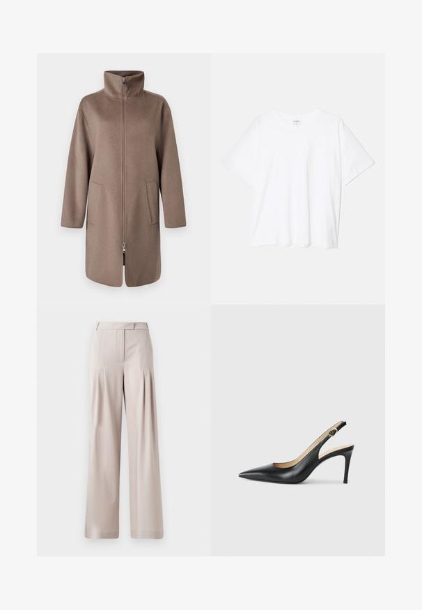 Brauner Fleece-Mantel mit hohem Kragen, Frontreißverschluss und zwei Seitentaschen. Verfügt über eine lockere Passform und ein mittellanges Design.; Weißes Baumwoll-T-Shirt mit kurzen Ärmeln, runder Halslinie, lockerer Passform und genähtem Saum. Etikett sichtbar am inneren Kragen.; Beige Weite-Leggings mit glatter Textur, gefaltetem Vorderdesign und tailliertem Bund. Geeignet für formelle oder legere Anlässe.; Schwarze Leder-Slingback-High-Heels mit spitzem Zehenbereich, verstellbarem Riemen und schlankem Stiletto-Absatz, ausgestattet mit einer glatten Oberfläche.