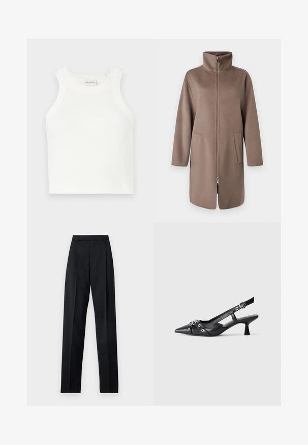 Cappotto in pile marrone con colletto alto, zip frontale e due tasche laterali. Presenta una vestibilità comoda e un design di lunghezza media.; Canottiera bianca a coste con spalline larghe e silhouette aderente. Presenta un piccolo logo in rilievo vicino all'orlo.; Pantaloni neri realizzati in tessuto morbido, caratterizzati da vita alta, gambe larghe, pince frontali e classiche passanti per cintura. Non ci sono tasche laterali visibili.; Scarpa slingback nera in pelle con punta affusolata, cinturini decorativi con occhielli metallici e tacco basso a blocco. Superficie testurizzata.