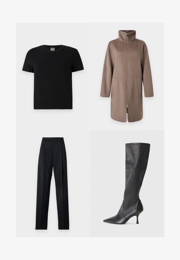 Ruskea fleece-takki, jossa on korkea kaulus, etuvetoketju ja kaksi sivutaskua. Takissa on rento istuvuus ja keskipitkä muotoilu.; Musta puuvillapaita, jossa on pyöreä kaula-aukko ja lyhyet hihat. Yksinkertainen muotoilu, ei kuvioita tai yksityiskohtia, suora leikkaus vyötäröllä.; Musta housut, jotka on valmistettu sileästä kankaasta ja joissa on korkea vyötärö, leveät lahkeet, etukaarteet ja klassiset vyölenkit. Ei näkyviä sivutaskuja.; Polvisuuriset mustat nahkasaappaat, joissa on terävä kärki ja hoikka stiletto-korko. Silkkinen pinta, tiukka muotoilu ja ompeleet yläreunassa.