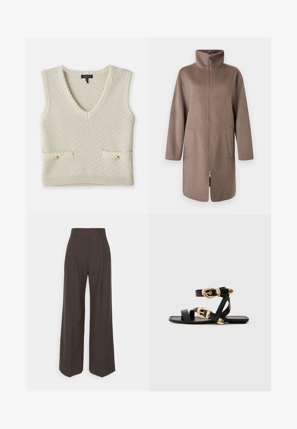 Brown, fleece coat with a high collar, front zipper, and two side pockets. Features a relaxed fit and mid-length design.; Knit sleeveless vest in cream with a V-neck, featuring diagonal texture, two front pockets with gold buttons, and knitted trim details.; Dark brown wide-leg trousers with a high waist, featuring neatly pressed creases, smooth texture, and a tailored fit.; Black leather sandals with gold buckle accents, featuring multiple straps and a flat sole design for open-toe wear.