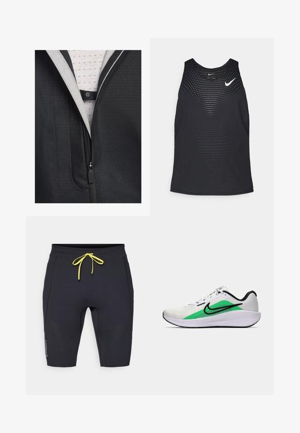 Black jacket featuring a zippered front, textured fabric, and a light-colored lining with a grid pattern. Includes a snap button detail.; Black athletic tank top with a perforated texture and rounded neckline. Features a white Nike logo on the chest.; Black athletic shorts with a fitted design. Features yellow drawstring, perforated accents on the sides, and HOKA logo near the hem.; White athletic shoe with a green accent, black logo, mesh upper, cushioned sole, and a rounded heel. Features laces and contrast detailing.