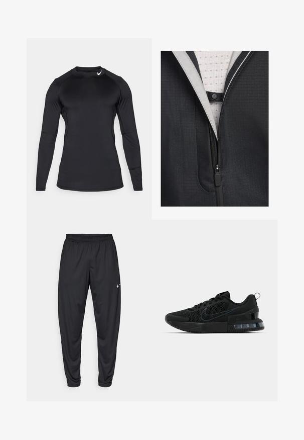 Schwarze Jacke mit einem Reißverschluss vorne, strukturiertem Material und einer hellen Fütterung mit einem karierten Muster. Enthält einen Druckknopf-Akzent.; Schwarzes, langärmeliges Sporthemd aus glattem, dehnbarem Material mit Rundhalsausschnitt und dezentem Logo oben links.; Schwarze Sporthose mit elastischem Bund, schmal zulaufenden Beinen und kleinem weißen Nike-Logo auf dem linken Oberschenkel. Glattes Material, ohne Muster.; Schwarzer Nike Sportschuh mit einem Mesh-Obermaterial, gummierter Sohle, gepolstertem Kragen und einem auffälligen transparenten Fersenakzent.