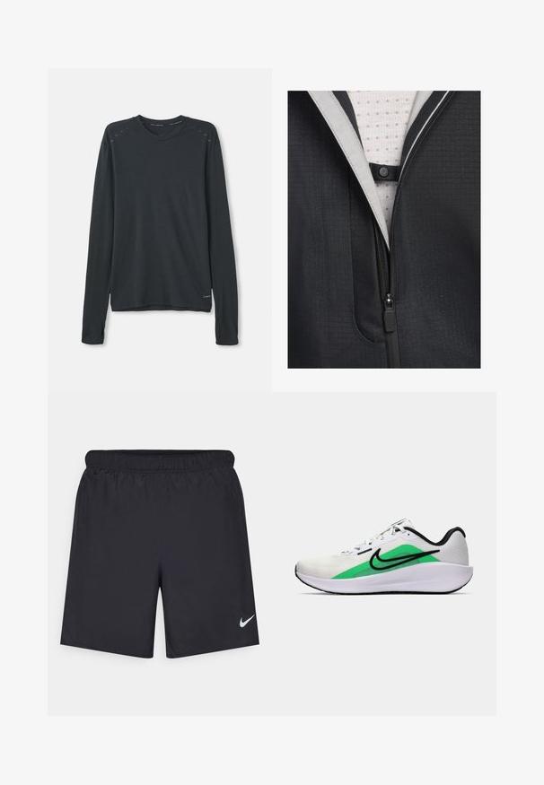 Schwarze Jacke mit einem Reißverschluss vorne, strukturiertem Material und einer hellen Fütterung mit einem karierten Muster. Enthält einen Druckknopf-Akzent.; Langärmliges Sportshirt aus dunkelgrauem Stoff. Mit Rundhalsausschnitt, einem dezenten strukturierten Muster und hellblauen Akzenten an den Schultern.; Schwarze sportliche Shorts aus leichtem Material mit einem elastischen Bund. Auf der unteren linken Seite befindet sich ein kleines weißes Nike-Logo.; Weißer Sportschuh mit grünem Akzent, schwarzem Logo, oberer Schicht aus Netzmaterial, gepolsterter Sohle und abgerundetem Absatz. Verfügt über Schnürsenkel und kontrastierende Details.