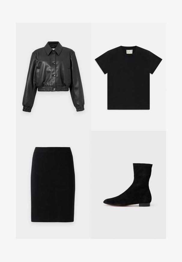 Juoda trumpa odinė striukė su smailiu apykakle, priekyje užsegama mygtukais, su elastingomis rankovėmis ir sklandžiu paviršiumi. Įtraukti šoniniai kišenės.; Juodas trumpomis rankovėmis marškinėliai su apvaliu kaklu, vidinėje apykaklės pusėje yra balta etiketė su užrašu "D.R.C. EST. 2002" ant balto fono.; Juodas iki kelių pieštuko sijonas su elastine juosta ant vienspalvės baltos fono.; Juoda zomšo kulkšnė su prigludusia ašimi, smailiu pirštu ir žemu bloku. Lygus paviršius ir minimalistiškas dizainas, tinkantis įvairiems stiliams.