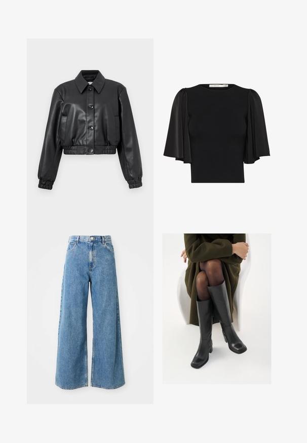 Čierna skrátená kožená bunda s špicatým golierom, predným zapínaním na gombíky, elastickými manžetami a hladkým povrchom. Obsahuje aj bočné vrecká.; Čierny top s krátkymi puff rukávmi vyrobený z priesvitnej látky, s okrúhlym výstrihom a priliehavým strihom. Mäkká textúra s hladkým povrchom.; Svetlomodré rifle s vysokým pásom a širokými nohavicami, s predným gombíkom, zipsom a prednými vreckami na bielom pozadí.; Čierne kožené čižmy po kolená so štvrtým prstom a blokovým opätkom, zobrazené s modelom sediacim v olivovo zelenej bunde. Hladká textúra, minimálne detaily.
