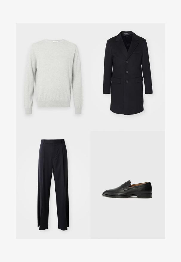 Schwarzer Wollmantel mit Reverskragen, einreihiger Knopfverschluss, fünf Knöpfe, zwei vordere Taschen und glatte Innenauskleidung.; Hellgrauer langer Pullover mit Rundhalsausschnitt und gerippten Bündchen und Saum, auf einem schlichten Hintergrund präsentiert.; Schwarze, hoch taillierte Hose mit weitem Bein, aus glattem Stoff. Verfügt über vorne gelegte Falten und Gürtelschlaufen. Minimalistisches Design, ohne sichtbare Beschläge.; Schwarze Leder-Slipper mit runder Zehenform, dezenten gestickten Details und niedrigem Absatz, ausgestattet mit glatter Textur und minimalistischem Design.