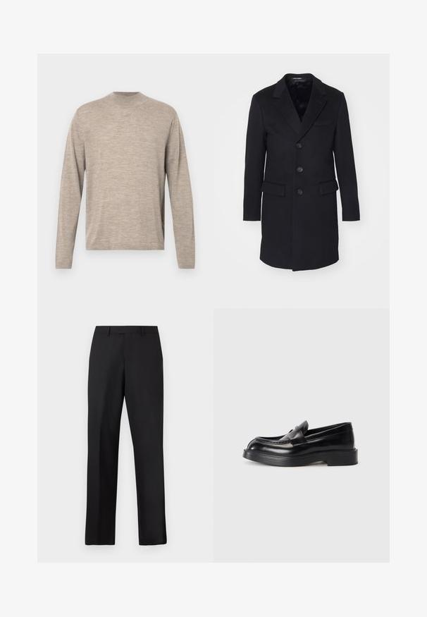 Fekete gyapjú kabát, kifordított hajtókával, egysoros fazon, öt gomb, két elülső zseb és sima belső bélés.; Világos bézs színű, hosszú ujjú pulóver, kerek nyakkivágással, puha anyagból készült, laza fazonnal és finom textúrával. Minták vagy díszítések nélkül.; Fekete, egyenes szárú nadrág sima anyagból. Standard derékpánttal rendelkezik, és nincsenek látható minták vagy díszítések.; Fekete bőr lóférgek lekerekített orral, a felsőrészen varrott mintázattal és vastag gumitalppal. Simább textúra minimális díszítésekkel.