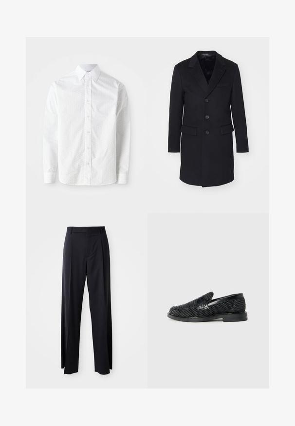 Palton negru din lână, cu rever tăiat, design cu un singur rând de nasturi, cinci nasturi, două buzunare frontale și căptușeală interioară fină.; Cămașă albă cu mânecă lungă din bumbac neted, cu un model discret de puncte, guler clasic, închidere cu nasturi și manșete rotunjite.; Pantaloni negri, cu talie înaltă și croi evazat, dintr-un material fin. Prezintă pliseuri frontale și buzunare cu curea. Design minimalist, fără accesorii vizibile.; Pantofii negri din material textil, cu accent din piele netedă pe partea superioară, design cu vârf rotund și talpă din cauciuc de profil redus.