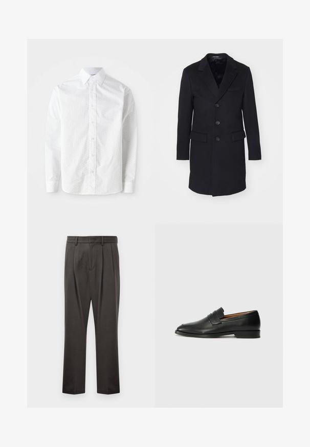 Fekete gyapjú kabát, kifordított hajtókával, egysoros fazon, öt gomb, két elülső zseb és sima belső bélés.; Fehér, hosszú ujjú ing sima pamutból, finoman pöttyös mintával, klasszikus gallérral, gombos elülső résszel és lekerekített mandzsettákkal.; Sötét szürke nadrág, textúrált anyagból készült, sima elejű, redőzött, egyenes lábakkal és övhurkokkal. Nincs látható fémalkatrész vagy minta.; Fekete bőr mokaszin, kerek orral, diszkrét varrásokkal és alacsony sarokkal, sima felülettel és minimalista dizájnnal.