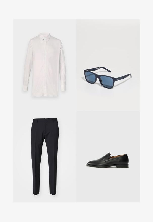Cappotto di lana nera con rever a punta, design monopetto, cinque bottoni, due tasche anteriori e foderatura interna liscia.; Camicia bianca a maniche lunghe realizzata in tessuto morbido. Presenta un colletto classico, chiusura con bottoni e maniche con polsini, con un'attenzione al dettaglio minima.; Pantaloni scuri blu navy con vestibilità slim. Realizzati in tessuto liscio e strutturato, presentano una parte frontale piatta, passanti per cintura e tasche laterali.; Mocassino in pelle nera con punta arrotondata, dettagli cuciti sottili e tacco basso, caratterizzato da una texture liscia e un design minimalista.; Occhiali da sole rettangolari blu con lenti scure, montatura opaca blu navy, dettaglio del logo sulla tempia, aste dritte e una texture solida e liscia.