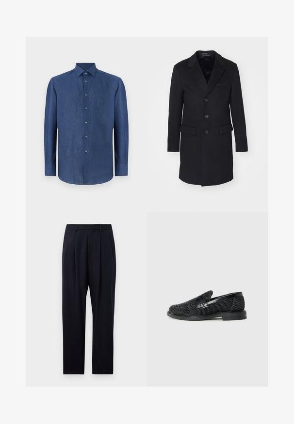 Cappotto di lana nera con rever a punta, design monopetto, cinque bottoni, due tasche anteriori e foderatura interna liscia.; Camicia blu scuro a maniche lunghe realizzata in un tessuto leggermente testurizzato. Presenta un colletto classico e sei bottoni sulla parte anteriore.; Pantaloni blu navy a gamba dritta, realizzati in un tessuto testurizzato, con due pieghe frontali, passanti per la cintura e chiusura con zip.; Scarpa nera a mocassino intrecciata con un accentuato in pelle liscia sulla parte superiore, design a punta rotonda e suola in gomma a profilo basso.